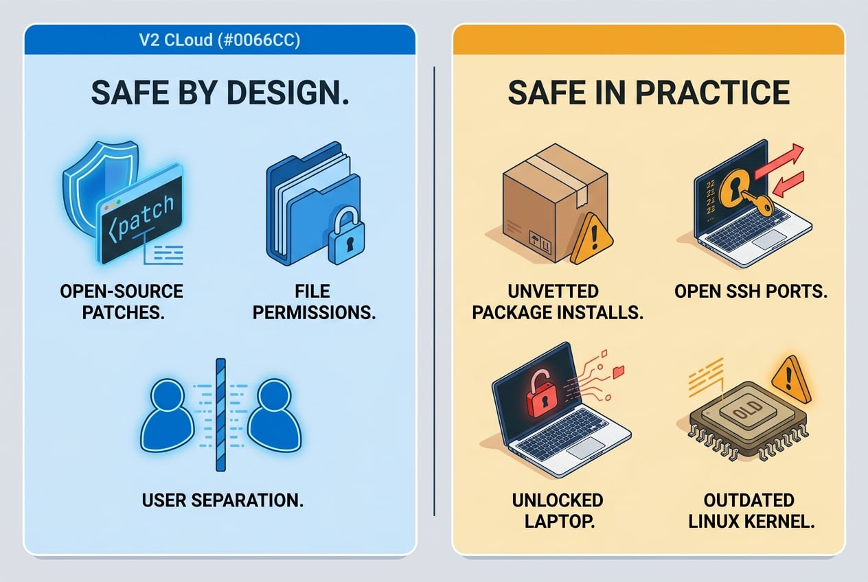 Graphic comparing built-in Linux protections with the remote work gaps that still need fixing
